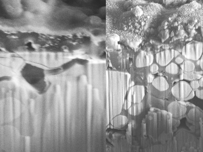 Zirconia-enhanced electrolyte (left) avoids cracking seen in the baseline sample (right).