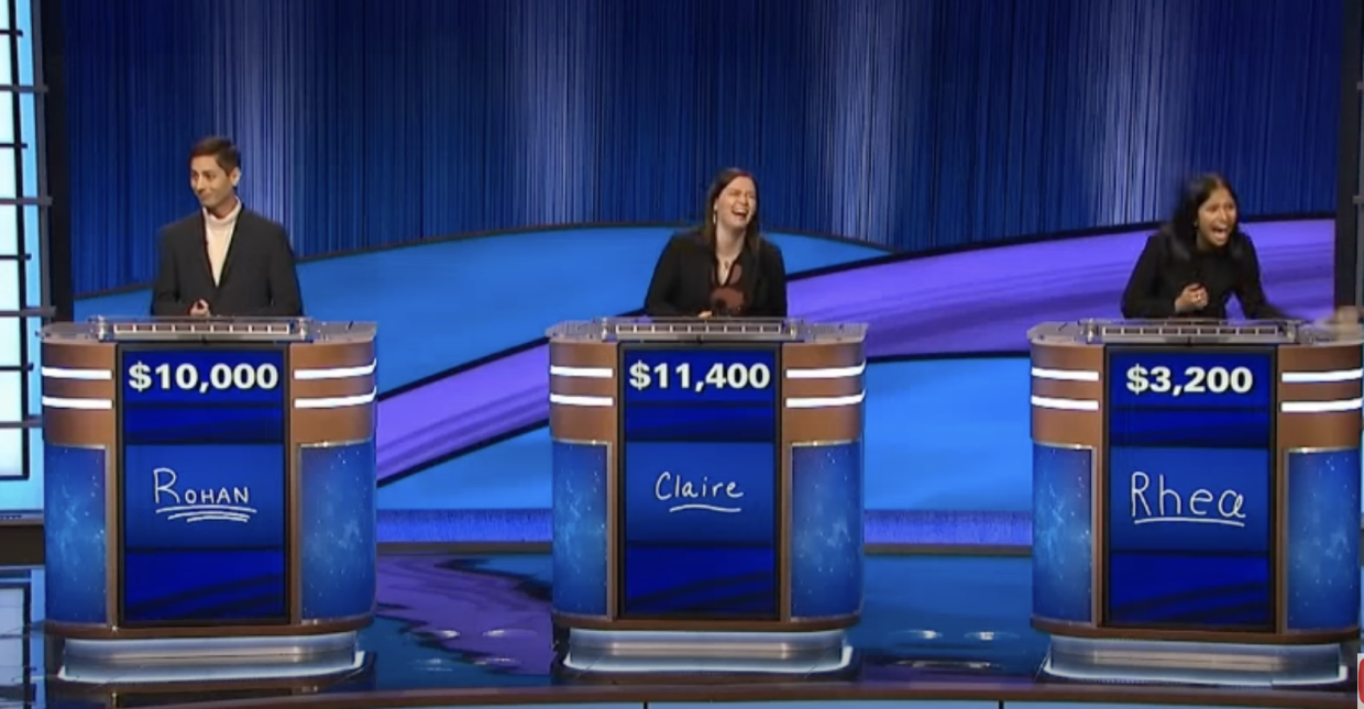 Rohan, Claire, and Rhea on Jeopardy